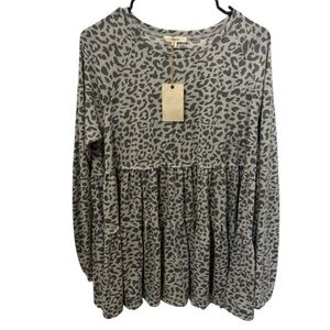 Easel Gray Animal Print  Tiered Babydoll Top Size Small